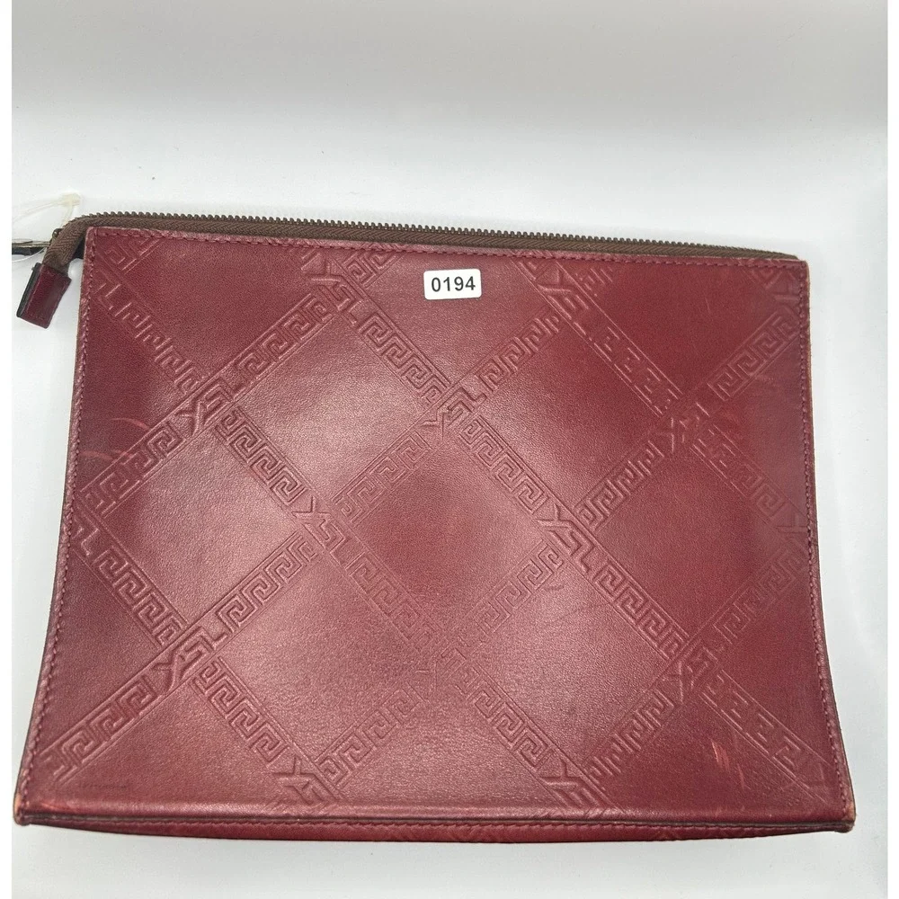 YSL Logo embossed Leather Clutch Burgundy Red Pouch Cosmetic Bag#194 - Picture 1 of 7